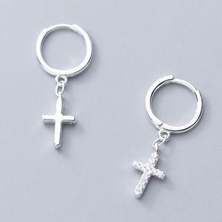925 Sterling Silver Rhinestone Cross Dangle Earring 1 Pair - Silver - One Size