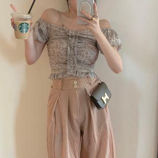 Short-sleeve Frill Trim Tie-dye Crop Top / Gingham Check Pants