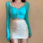 Round-neck Button Up Crop Top / High Waist Ruched Mini Skirt