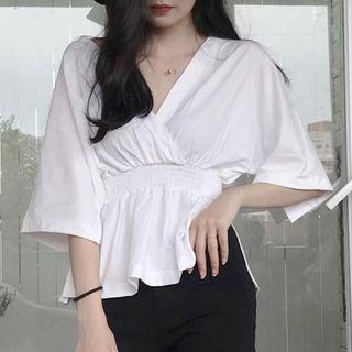 Elbow-sleeve V-neck Tie-back Top