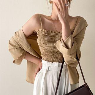 Set:plain Ruched Tank Top+plain Long Sleeve Shirt