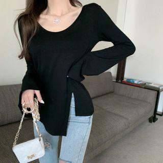 Plain Long-sleeve Asymmetric T-shirt