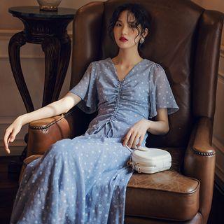 Floral Print Short-sleeve A-line Maxi Chiffon Dress