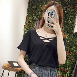 Plain Cross Strap Short Sleeve T-shirt