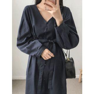 V-neck Long-sleeve Cotton Shirtdress With Sash