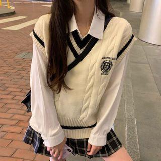 Embroidered Sweater Vest / Plain Shirt / Plaid Mini Pleated Skirt
