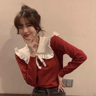 Ruffle Trim Contrast Collar Knit Top