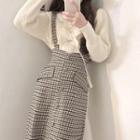 Long-sleeve Bow-accent Mock-neck Knit Top / Plaid Midi Pencil Suspender Skirt