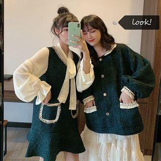 Contrast Trim Tweed Jacket / Sleeveless Ruffle Hem Dress / Tie-neck Blouse / Sequined Midi Mesh Skirt