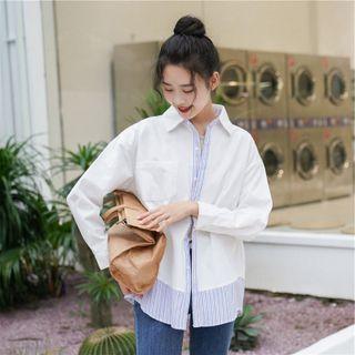 Color-block Striped Button-up Oversize Shirt White - One Size