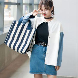 Stand Collar Two Tone Buttoned Jacket White - One Size