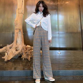 Long-sleeve Ruched Blouse / High-waist Plaid Wide Leg Pants