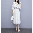 Chiffon Bell-sleeve Floral Embroidered Dress