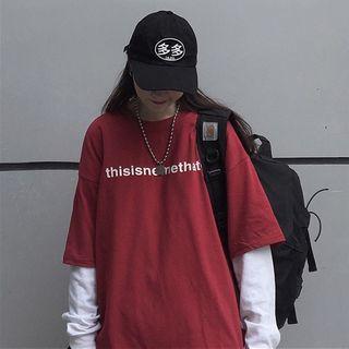 Short-sleeve Lettering T-shirt Wine Red - One Size