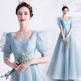 Puff-sleeve Faux Pearl A-line Evening Gown