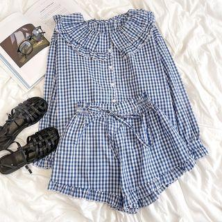 Long-sleeve Plaid Peter Pan Collar Ruffle Trim Shirt / Shorts