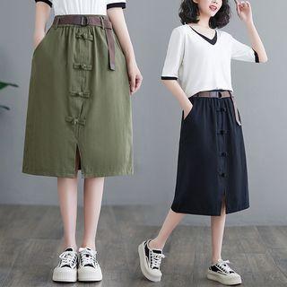 Frog-button Midi Pencil Skirt