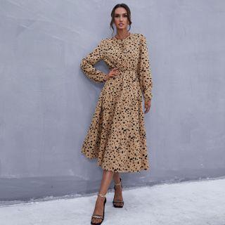 Lantern-sleeve Dotted A-line Midi Dress