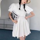 Mandarin Collar Pleated Mini A-line Dress