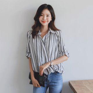 Tab-sleeve Balloon-hem Stripe Shirt