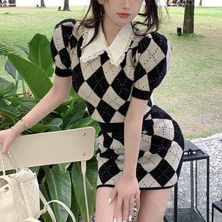 Puff-sleeve Argyle Knit Top / Mini Pencil Skirt