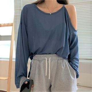 Long-sleeve Cold Shoulder Sheer Top / Print Wide Leg Pants