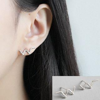 925 Sterling Silver W Shape Ear Stud 1 Pair - With Silver Earring Back - White Gold - One Size