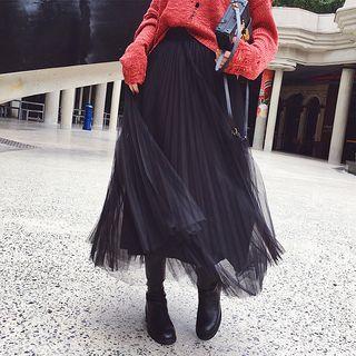Pleated Mesh Overlay A-line Maxi Skirt