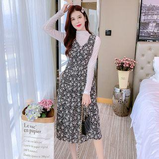 Set: Long-sleeve Mock Neck Ruched Top + Sleeveless Floral Dress