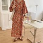 Floral Bell-sleeve Slim Fit Dress As Shown In Figure - One Size