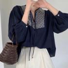 Embroidered Long-sleeve Loose-fit Blouse Dark Blue - One Size