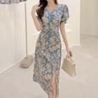 Floral Puff-sleeve Side-slit Dress As Shown In Figure - One Size