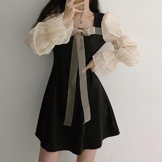 Long-sleeve Square-neck Bow Mini A-line Dress