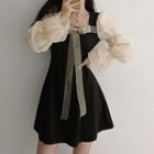 Long-sleeve Square-neck Bow Mini A-line Dress