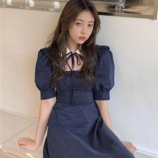 Puff-sleeve Peter Pan-collar Cutout Midi Dress