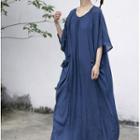 Elbow-sleeve Maxi Shift Dress Blue - One Size