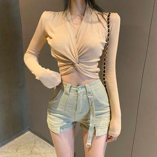 Long-sleeve Shirred Plain Cropped Top