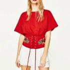 Floral Embroidered Gathered-waist Strappy T-shirt