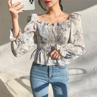 Long-sleeve Print Shirred Top White - One Size