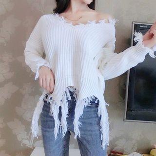 Long-sleeve Fray-hem Knit Top White - One Size