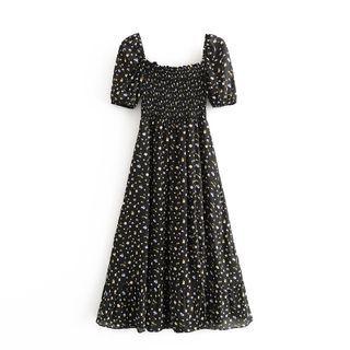 Short-sleeve Shirred Floral Print Midi A-line Dress