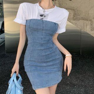 Mock Two-piece Short-sleeve Denim Bodycon Dress