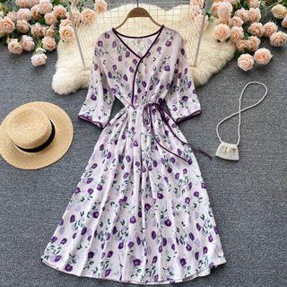 V-neck Drawstring Short-sleeve Floral Dress