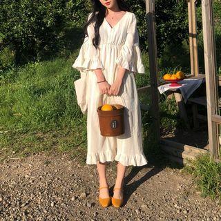 3/4-sleeve Ruffle-hem Midi Dress White - One Size