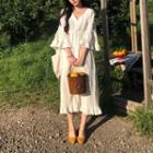 3/4-sleeve Ruffle-hem Midi Dress White - One Size