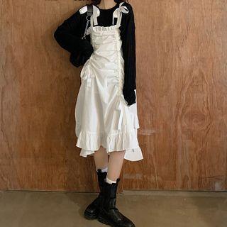 Long-sleeve Knit Top / Spaghetti Strap Ruched Midi A-line Dress