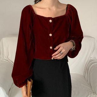 Square-neck Puff-sleeve Velvet Blouse