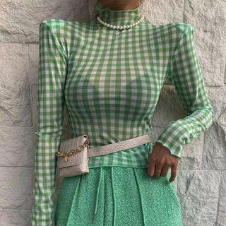 Mock-neck Gingham T-shirt