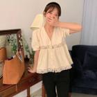 Short-sleeve V-neck Perforated Dress Almond - One Size