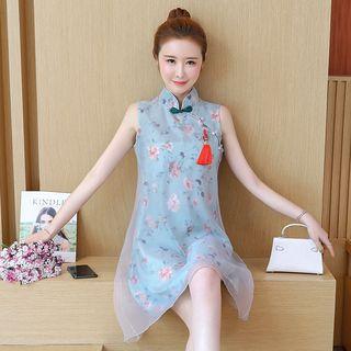 Floral Print Sleeveless Mandarin Collar Dress